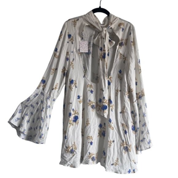 Free People Floral Mock Neck Mini Dress NWT L Ivory Cream Backless - Picture 5 of 15